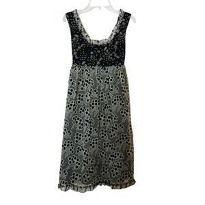 Anna Sui for Anthropologie 100% Silk Floral Dress Womens Size 0 Black Tan